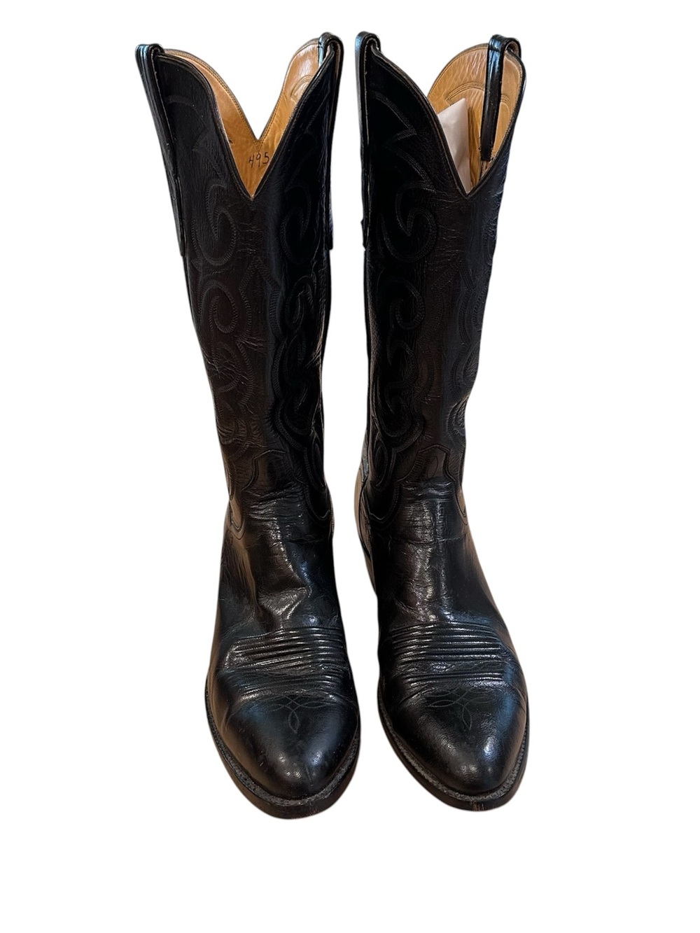 TO Stanley Vintage Black Leather R toe Cowboy Western Boots 9.5D Cat’s Paw heels